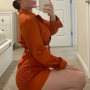 Orange Long-Sleeve Wrap Dress